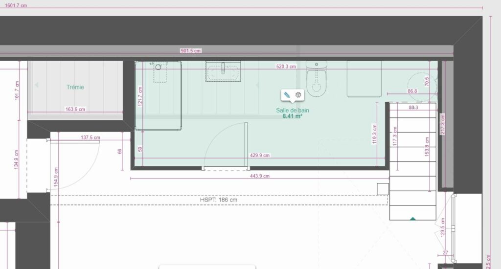 plan 2D vue dessus salle de bain par L'EFFET B.