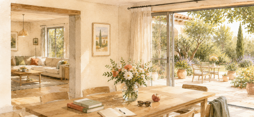illustration intérieur méditerranéen chaleureux
